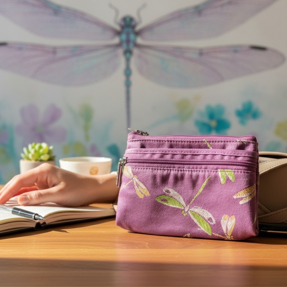 Modella dragonfly cosmetics bag in beautiful purple with shades of green & gold